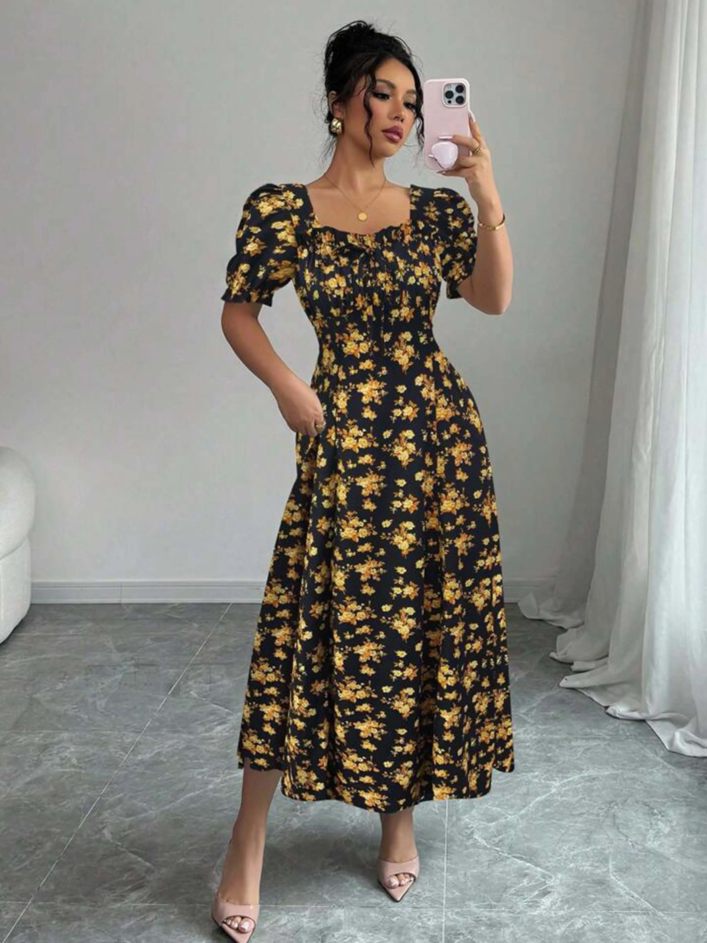 Damen-Sommerkleid, elegant, lässig, Puffärmel, quadratischer Ausschnitt, Schwarz und Gelb, Blumendruck, Maxikleid