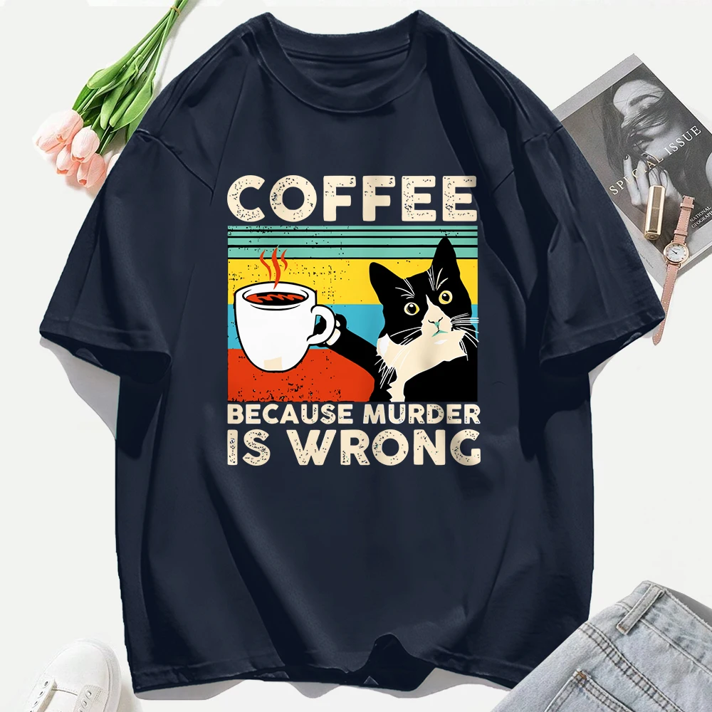 A Cat That Drinks Coffee And Works Bedrucktes T-Shirt für Damen, weiche All-Match-T-Shirts, Baumwolle, Freizeitkleidung, Rundhalsausschnitt, Oversize-Top