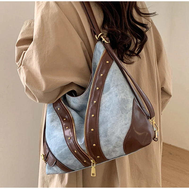 Vintage-Rucksack, Damen-Tragetasche, Retro-Spleiß-Hobo-Umhängetasche, lässige Alltags-Einkaufstasche mit Nieten-Dekor – Detail 13