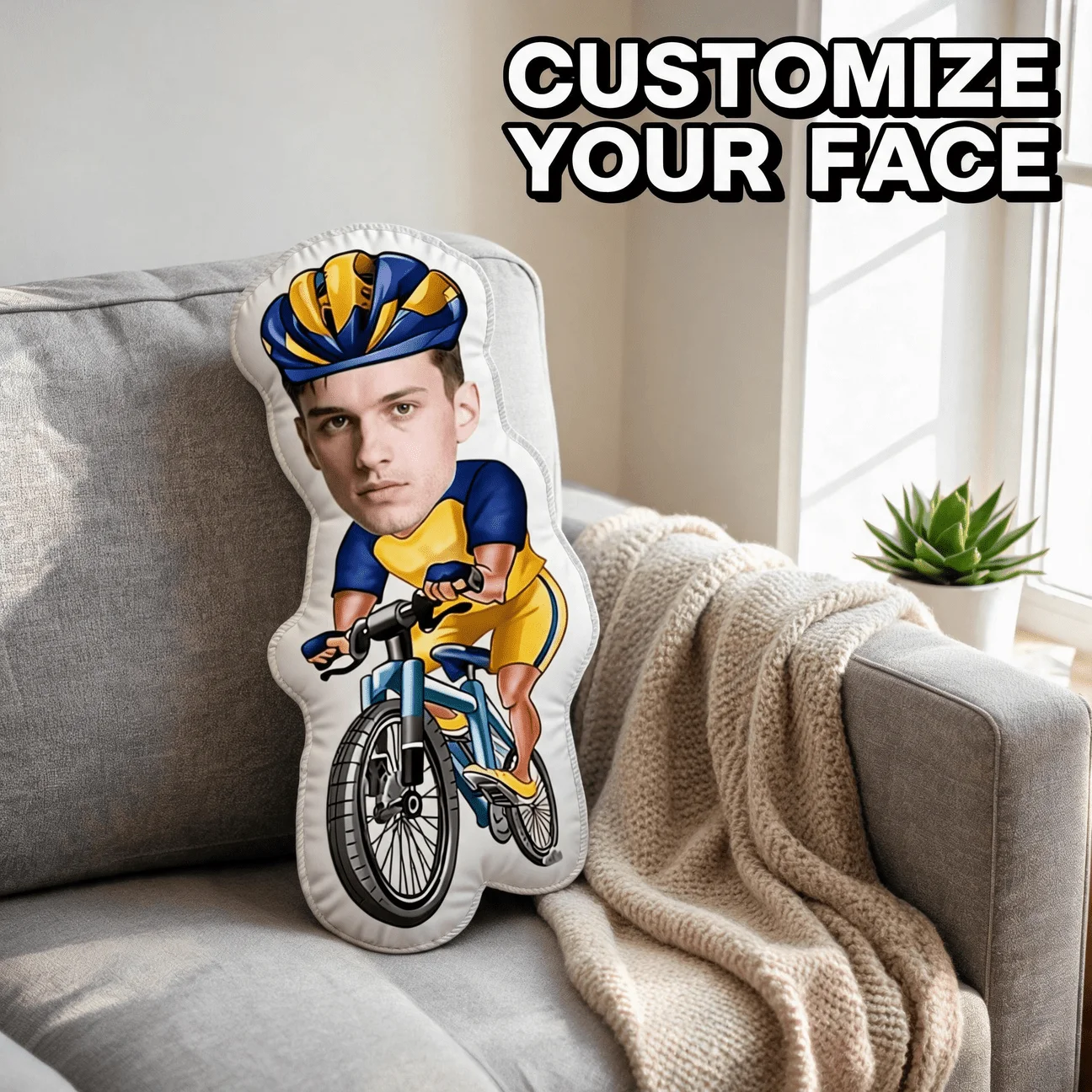 Custom Photo Cyclist Shaped Pillow, Personalized Face on Cartoon Biker Body Decorative Cushion, Unique Funny Gift for Boyfriend
