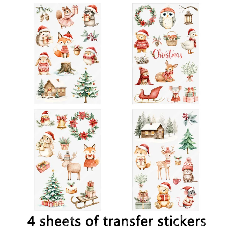 4pcs Winter Christmas Cute Forest Animals DIY UV DTF Glass Cup Can Wrap Transfer Sticker Mug Cards Xmas Tree Ornament Decor