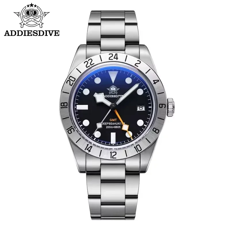 ADDIESDIVE Top Brand GMT Quartz Movement Mens Watch Stainless Steel 20Bar Dive Super Luminous Man WristWatch AD2035 Reloj Hombre