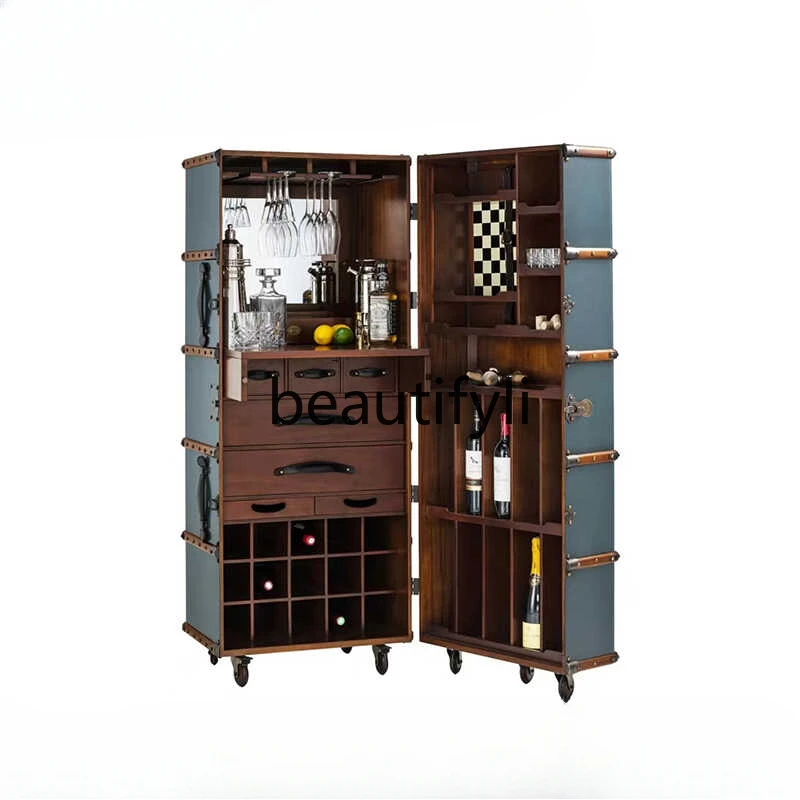 Light luxury solid wood wine cabinet locker household retro nostalgic style floor mobile wine cabinet