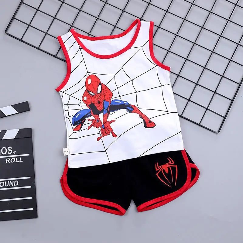 Conjuntos de ropa de verano para niños, Camiseta de algodón con dibujos animados de Spiderman, chaleco + Pantalones cortos, traje de 2 piezas, ropa