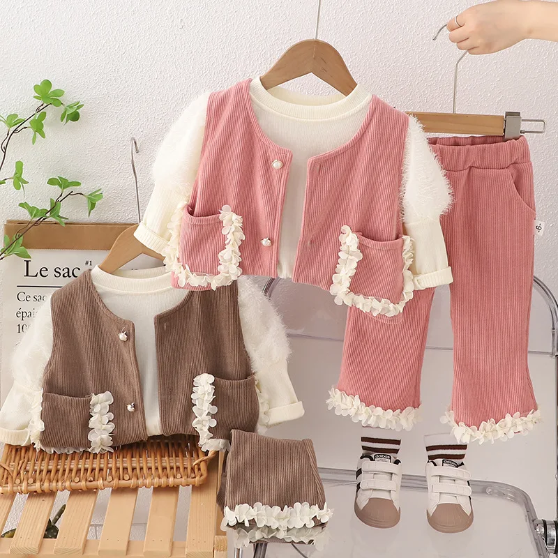 

Baby Autumn Clothing Set New Style Girls' Spring and Autumn Baby Pocket Petal Vest 3-Piece Suit Infant Outfits