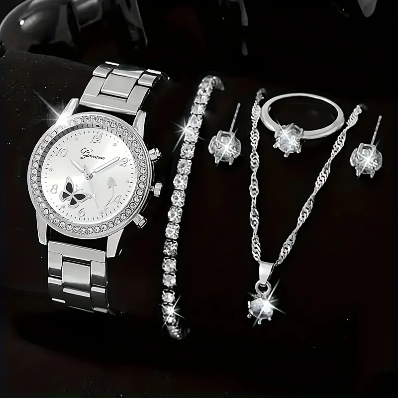 1pc Rhinestone Decorated Quartz Watch Round Hands Butterfly And Flower Pattern Dial Analog Watch And 5pcs Jewelry Set