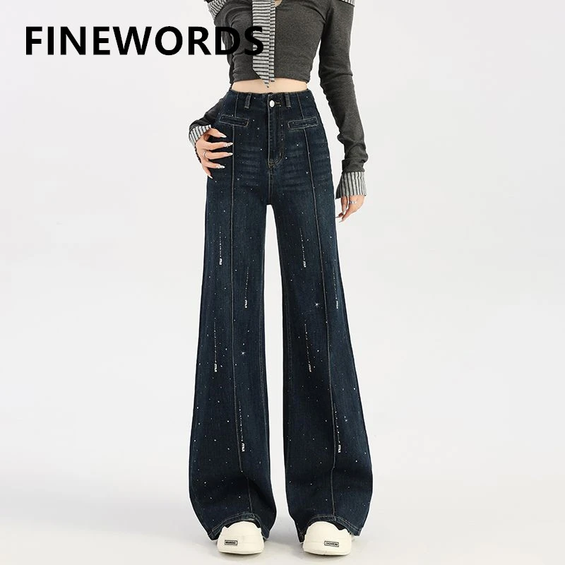 

FINEWORDS 2026 New Arrival High Waist Rhinestone Flare Jeans for Women Dark Wash Glitter Denim Wide Leg Pants Y2K Style Trouser