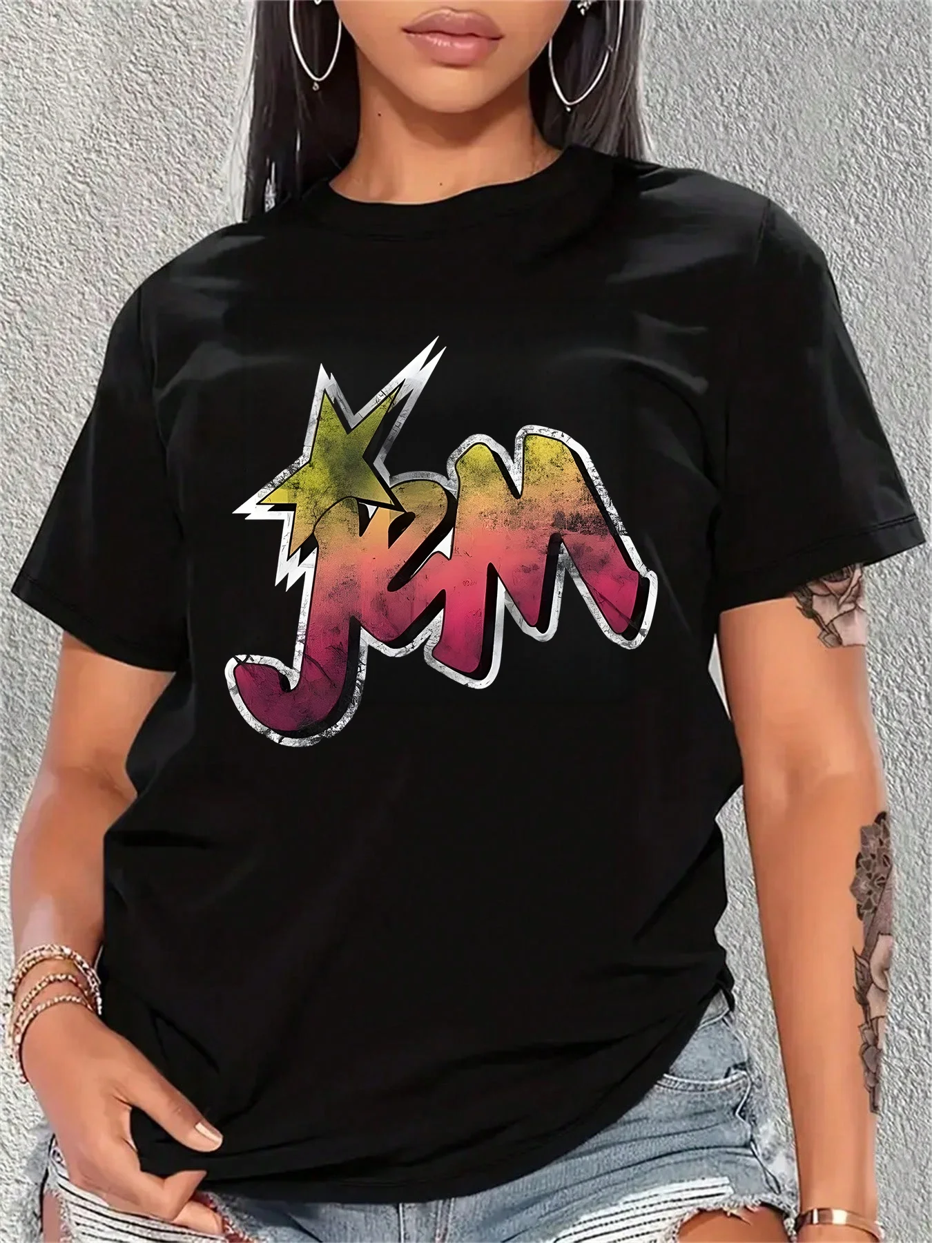 Jem Iconic Logo Women's T-Shirt Black Oversized Soft 100% Cotton Tee With Jem Logo & Star Print Casual Short Sleeve Round Neck Shirt For Music Fans