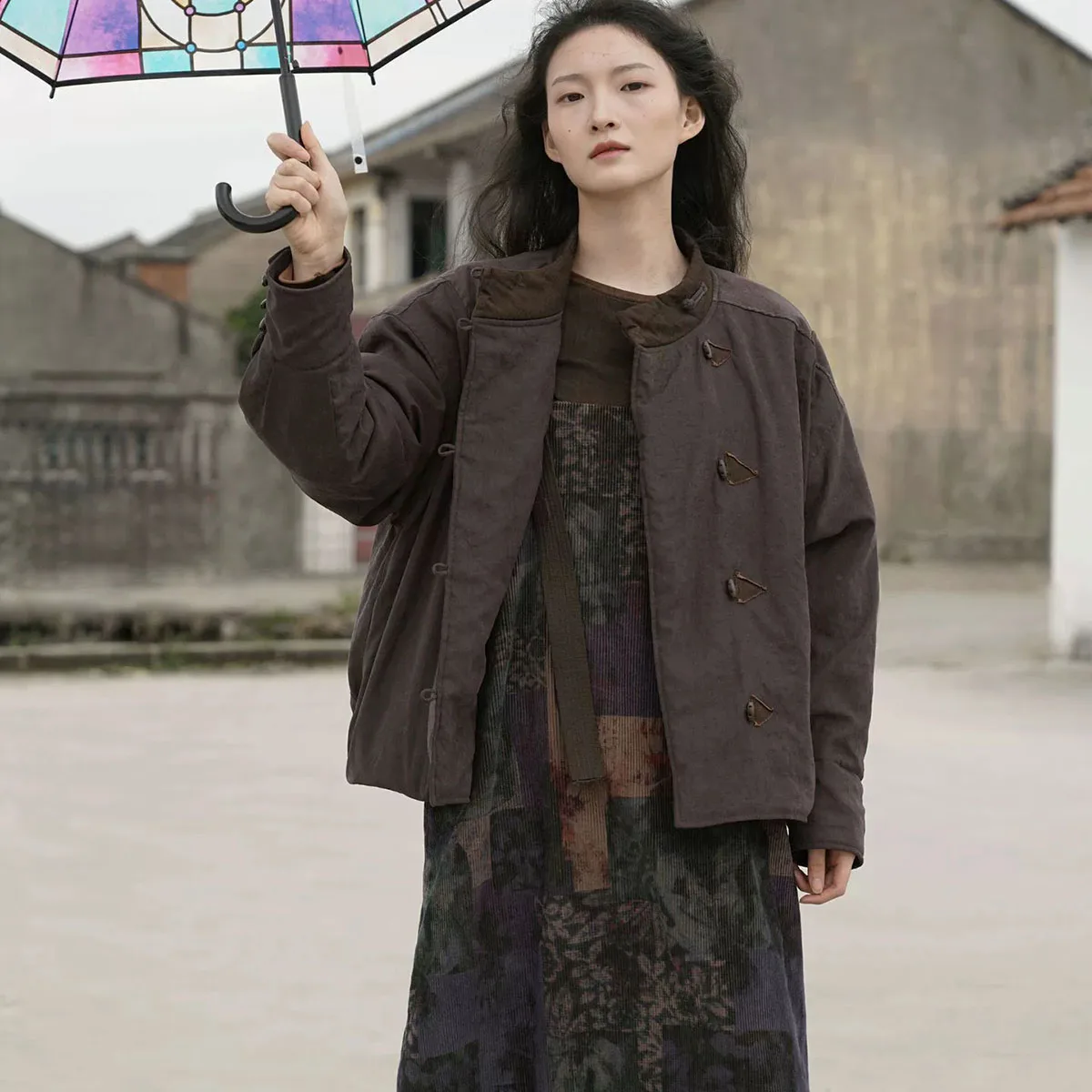 Chaqueta informal Original de imitación de cobre y amoníaco para mujer, prendas de vestir con empalme Retro, abrigo corto acolchado fino y holgado con botón de apertura lateral
