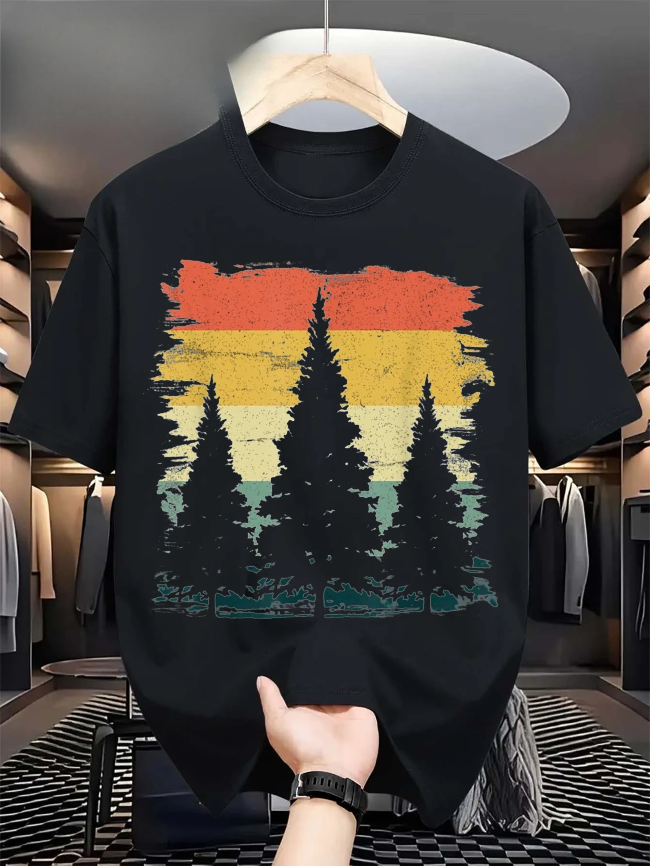 Unisex Cotton T-Shirt with Retro Forest Pine Trees & Sunset Gradient Print Loose Fit Crew Neck Short Sleeve Top for Hiking