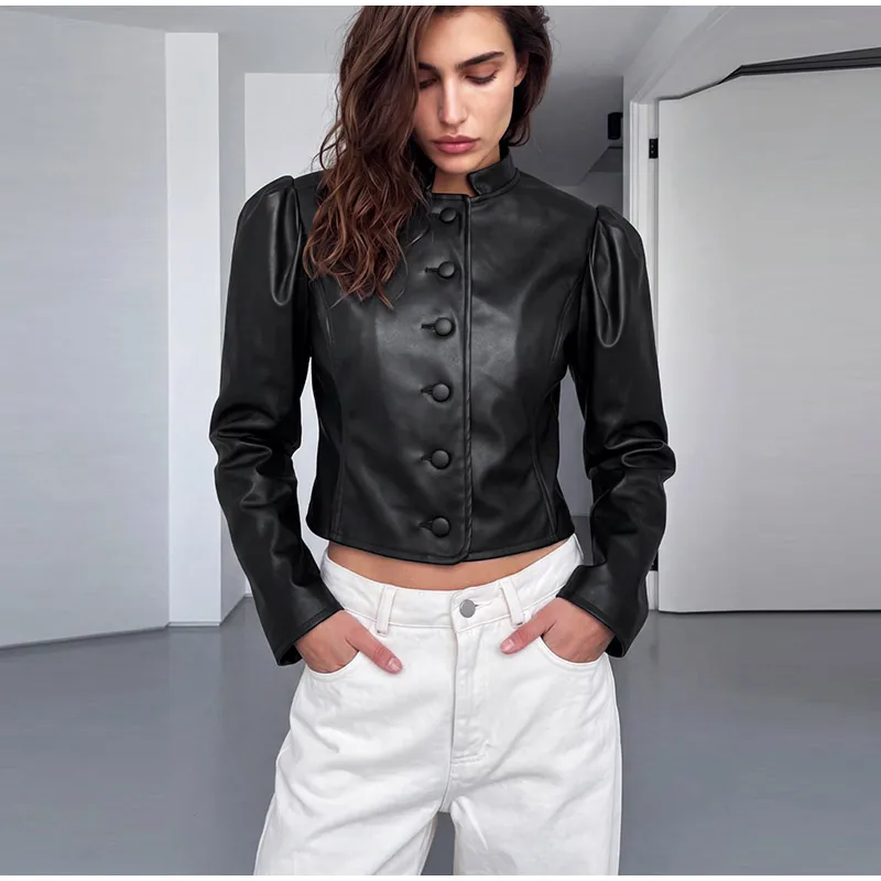 Fashion Solid Faux Leather Women's Jacket Stand Collar Button Short Loose Puff Long Sleeves Coat Chic 2026 Autumn New Daily Wear