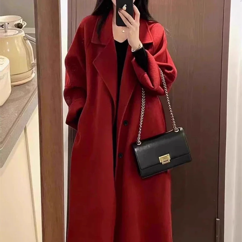 

Grey Double-sided cashmere Wool Coat Women's 2026 Autumn Winter New Temperament Wool Coats Female Double breasted Long Overcoat