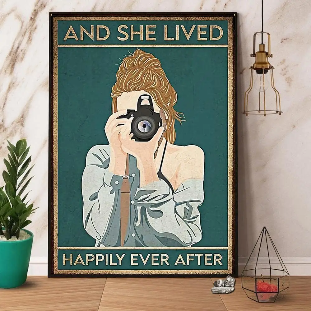 Photographer And She Lived Happily Retro Metal Tin Sign Vintage Aluminum Sign For Home Decor Room Metal Decor 8x12 Inch