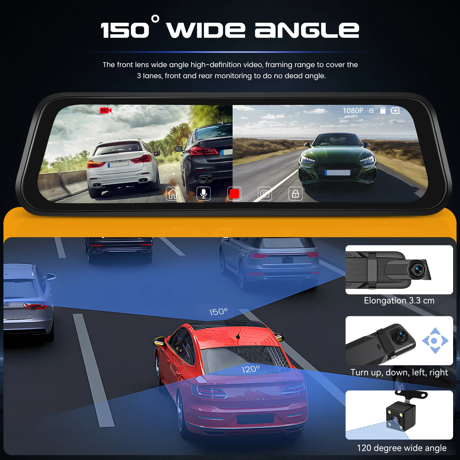 Podofo 9,66'' Dashcam 1080P Dual-Objektiv Auto-DVR Mehrsprachiger Auto-Videorekorder mit 480P Rückfahrkamera 150° ° Breiter Betrachtungswinkel – Detail 13