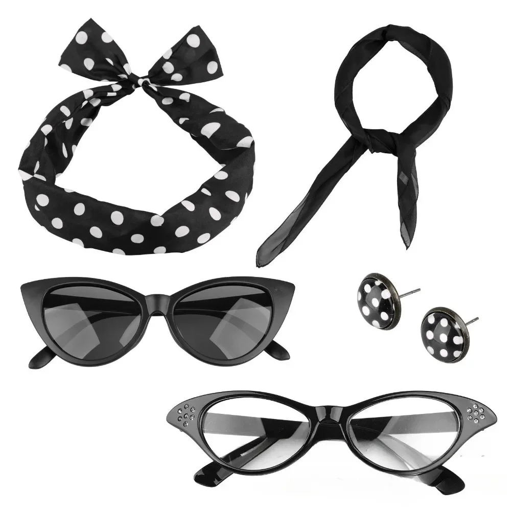 50s Disco Cosplay Costume Accessories Cat Eye Glasses Polka Dot Bandana Tie Headband Earrings Halloween Carnival Party Role Play