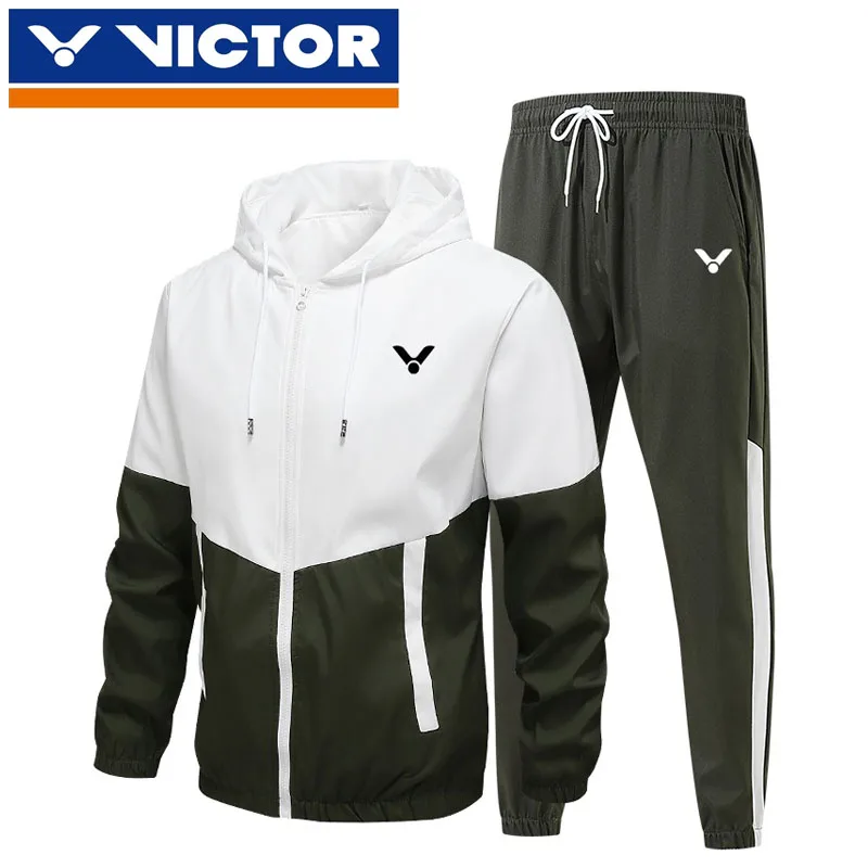 New VICTOR Victory Badminton Clothing Spring And Autumn Casual Sports Suit Men's Hooded Patchwork Jacket And Trousers Golf Wear