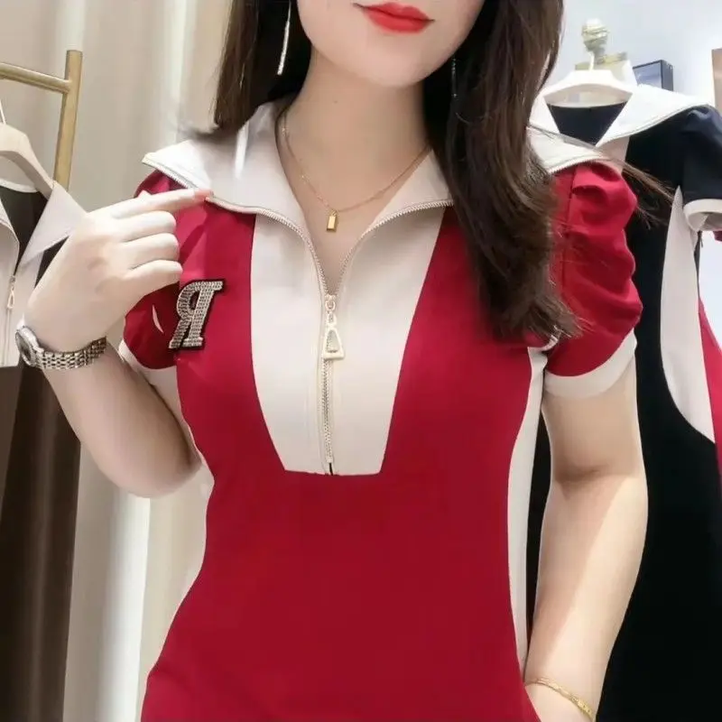 Korean Fashion Patchwork Dresses Summer Casual V-Neck Zipper Women\'s Clothing Slim Solid Color All-match Short Sleeve Midi Dress