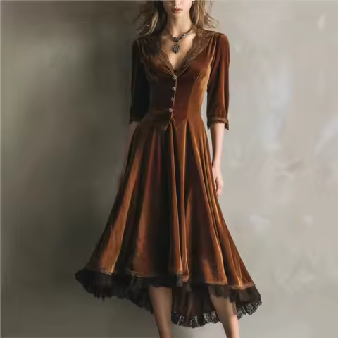 Elegant Women Velvet Dress Lace Splicing A-Line V Neck Single Breasted High Waist Brown Retro Casual Evening Party Dress 2025