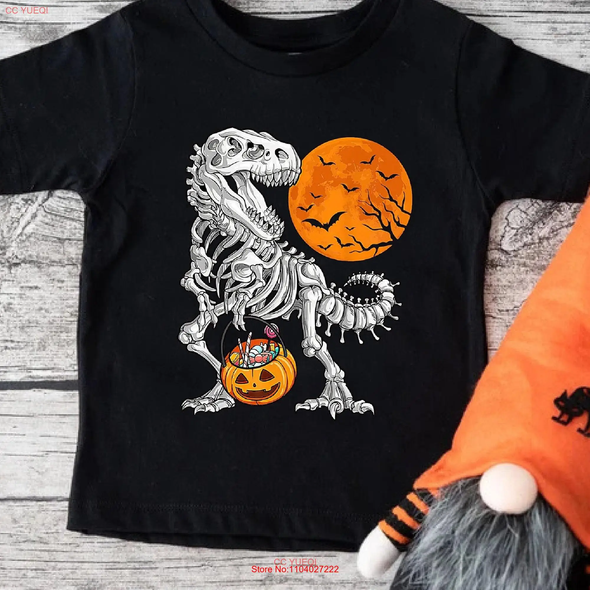 Dinosaur Skeleton Trick or Treating T shirt Funny Halloween Kids Dino for long or short sleeves