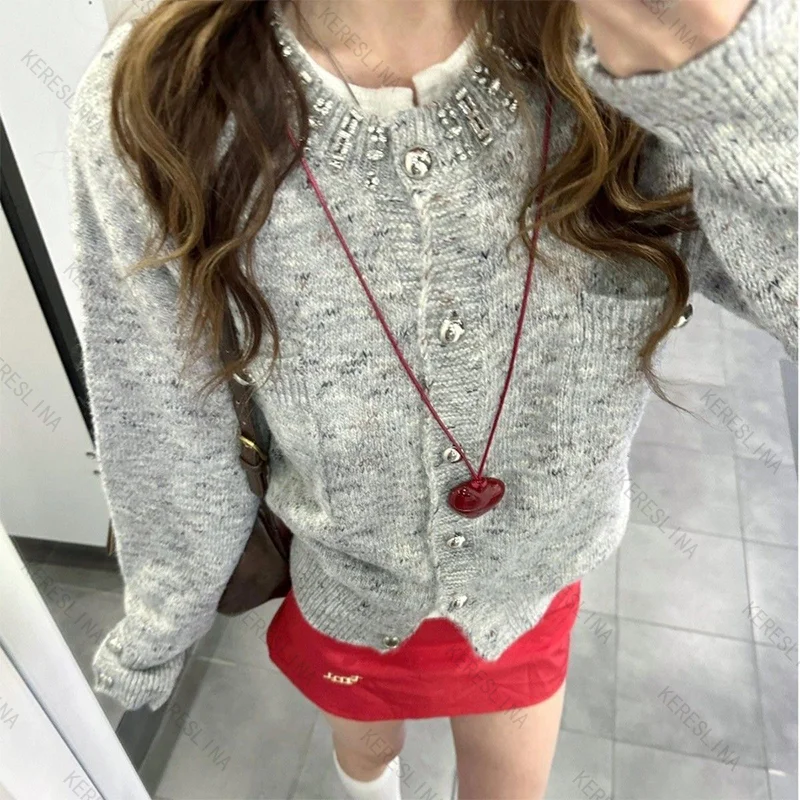 Elegant high-end sweet style button knit cardigan sweater European and American autumn/winter popular versatile knit sweater emo