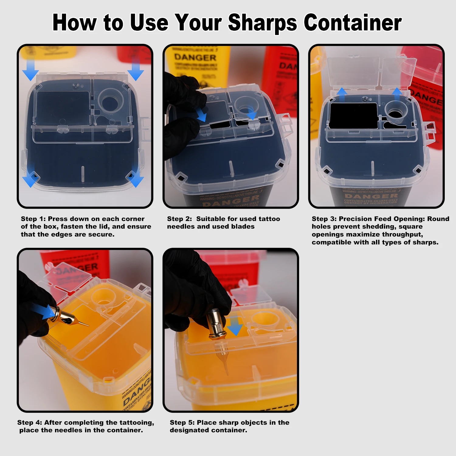 Needle Disposal Sharps Container with 5 Pairs Nitrile Gloves Tattoo Piercing Studio Supplies Essential Tattoo Accessor