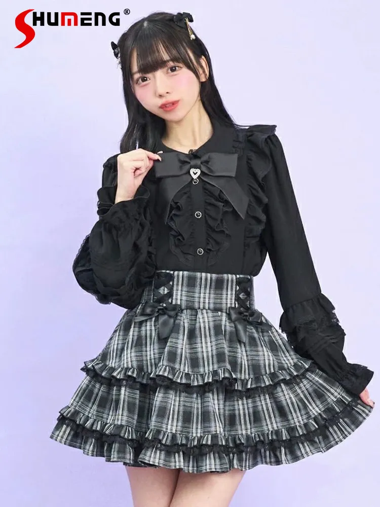 

Japanese Mines Style Mass-produced Lace Doll Collar Bow Long Sleeve Single-breasted Sweet Versatile Lolita Shirt Top for Women