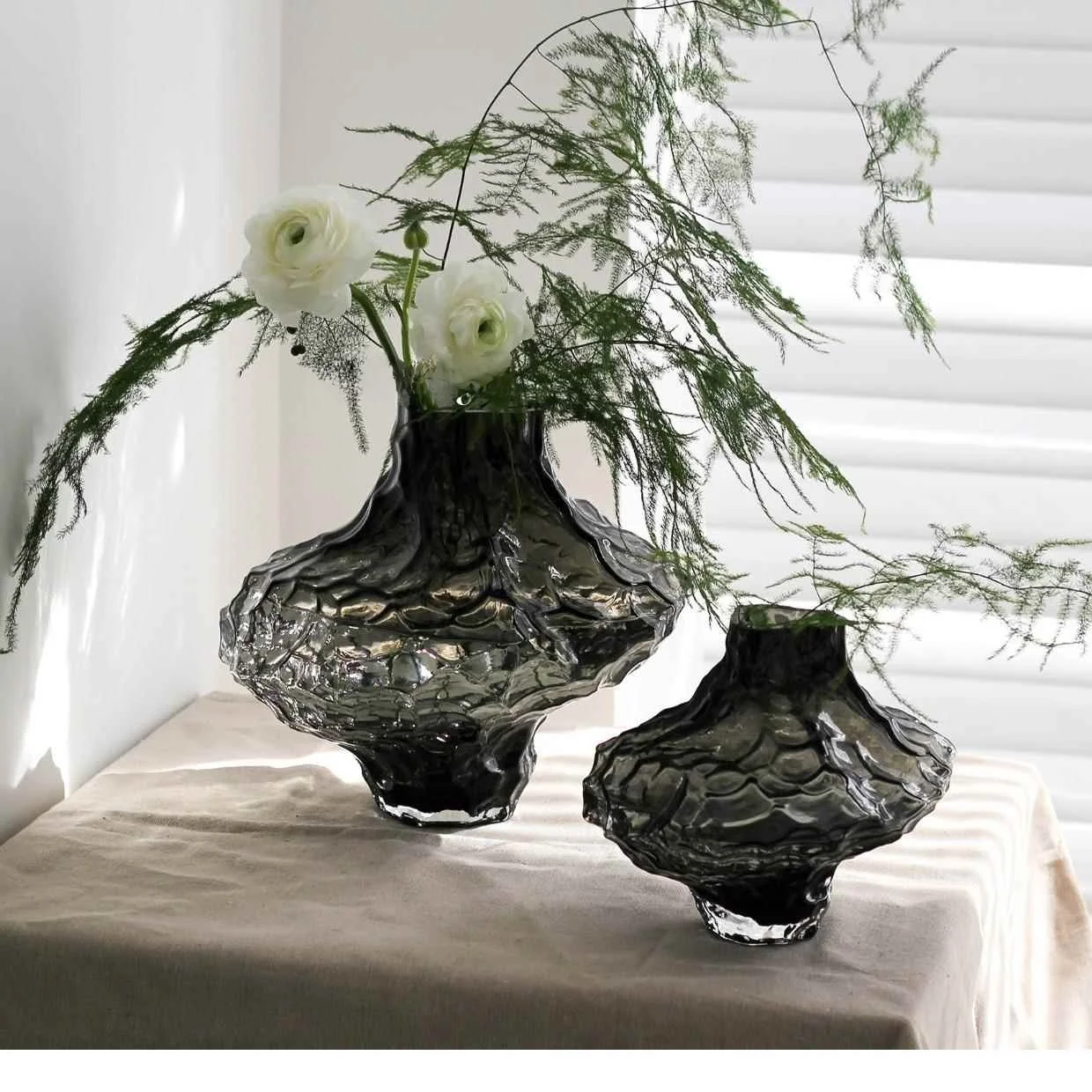 

Modern Minimalist Glass Flower Vase Irregular Valley Pattern Smoke Grey Home Decoration Accessories Nordic Style Small Size