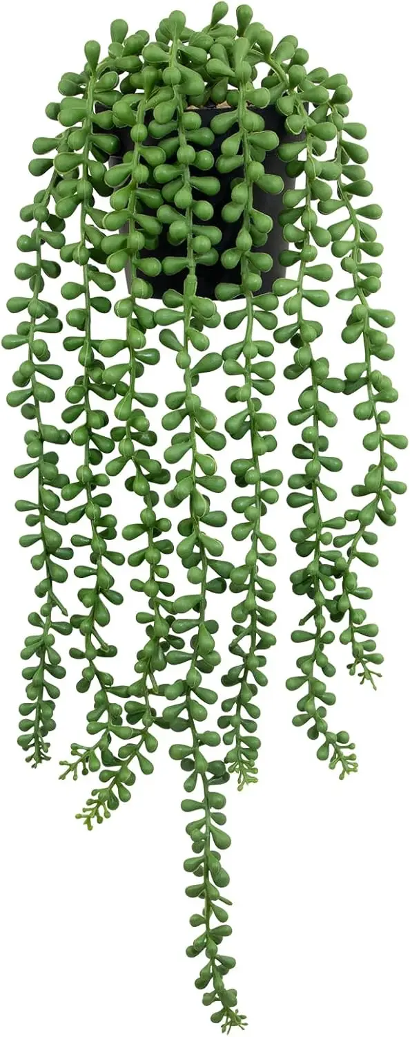 Artificial String of Pearls Plant in Black Pots, Realistic Green Faux Succulent Hanging Plants for Shelf Decor Home Garden