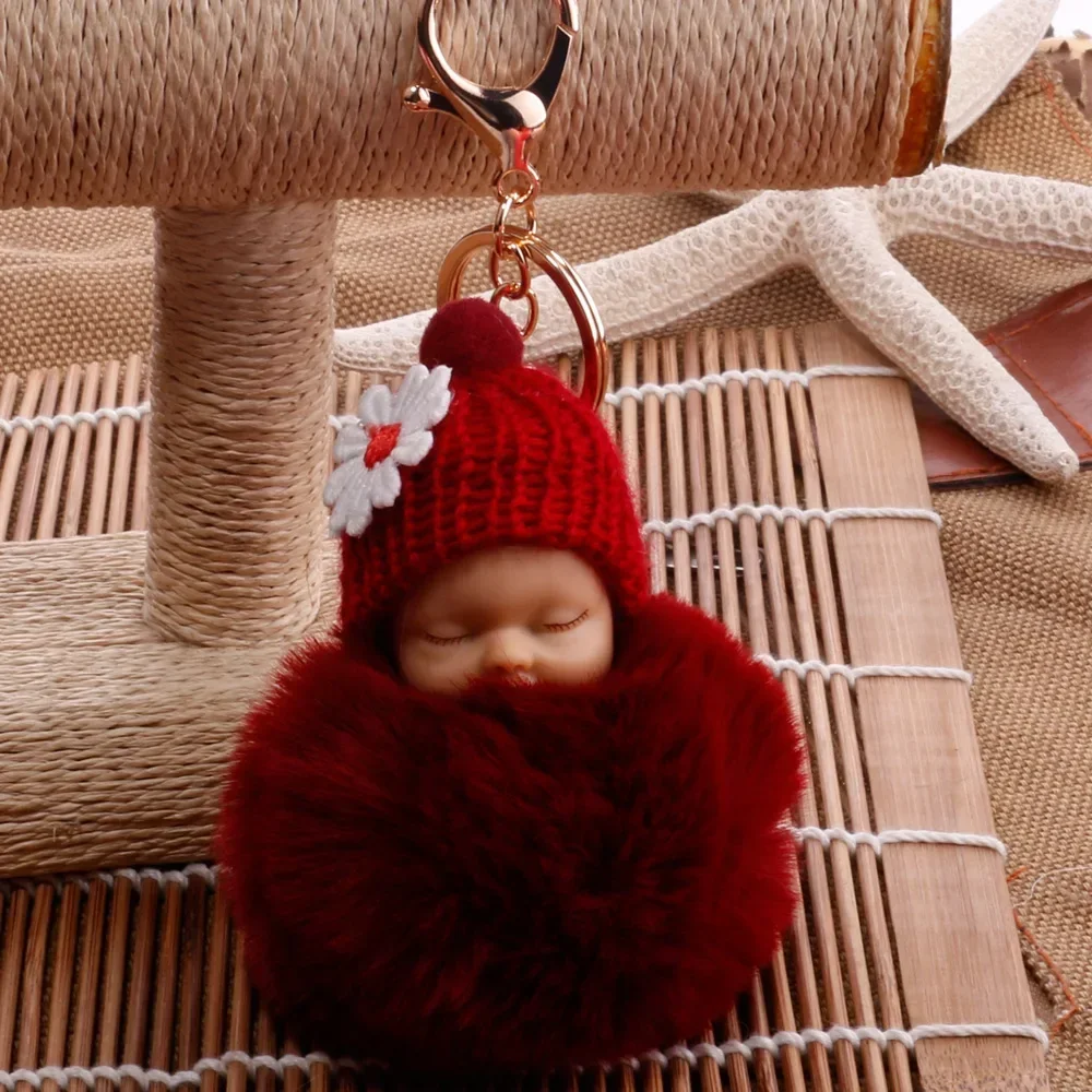 Cute Sleeping Baby Doll KeyChains for Women Bag Toy Key Ring Fluffy Pom Faux Fur Plush Keychain