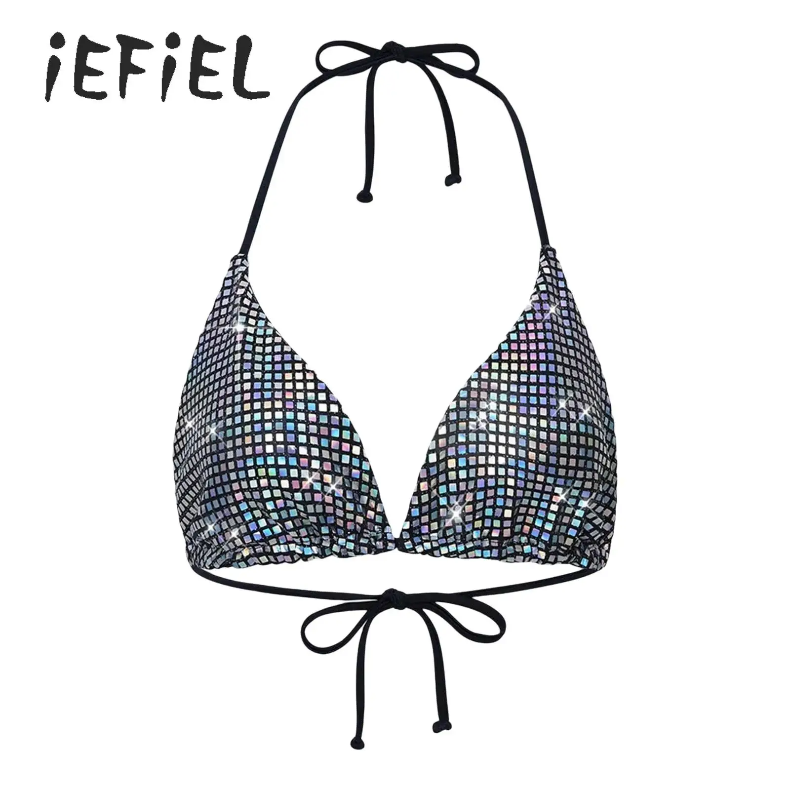 Womens Metallic Shiny Bikini Top Triangle Cup Backless No-wire No-Pad Halter Sequins Lace-up Bra Top Beachwear Swimsuit Clubwear