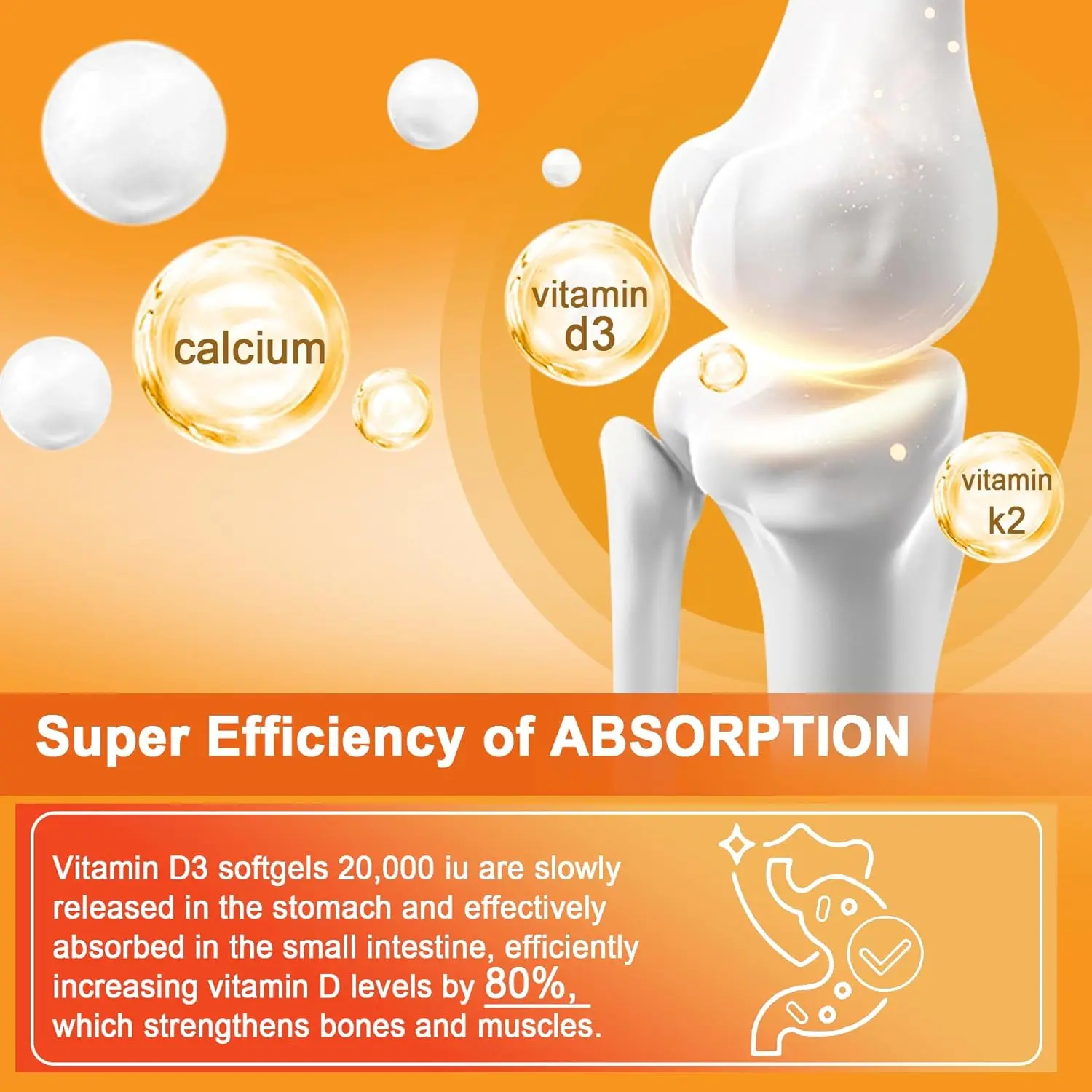 Vitamin D3 K2 Capsule - 20,000 IU Vitamin D3 Promotes Strong Bones, Calcium Absorption, Teeth, Heart, Cardiovascular Health