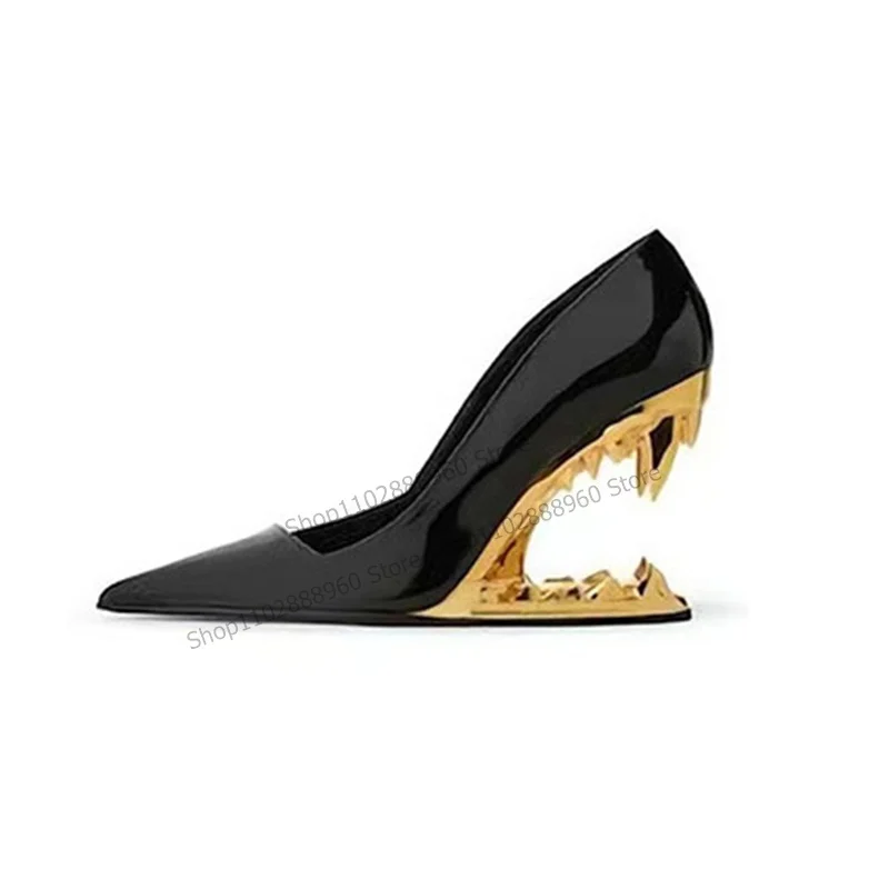 Silver Patent Leather Metal Teeth Heel Pumps Strange Style Heel Women Shoes Slip-On Pointed Toe 2023 Fashion Zapatos Para Mujere