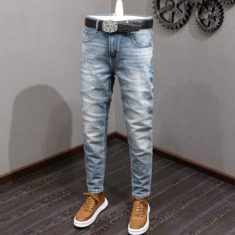 Fashion Designer Men Jeans High Quality Retro Blue Elastic Slim Fit Ripped Jeans Men Vintage Trousers Casual Denim Pants Hombre