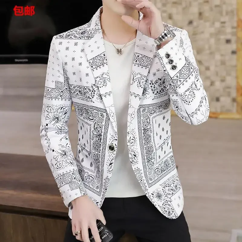 

COCO 2023 Men's Spring Printed Suit Youth Retro Pattern Slim Handsome blazer