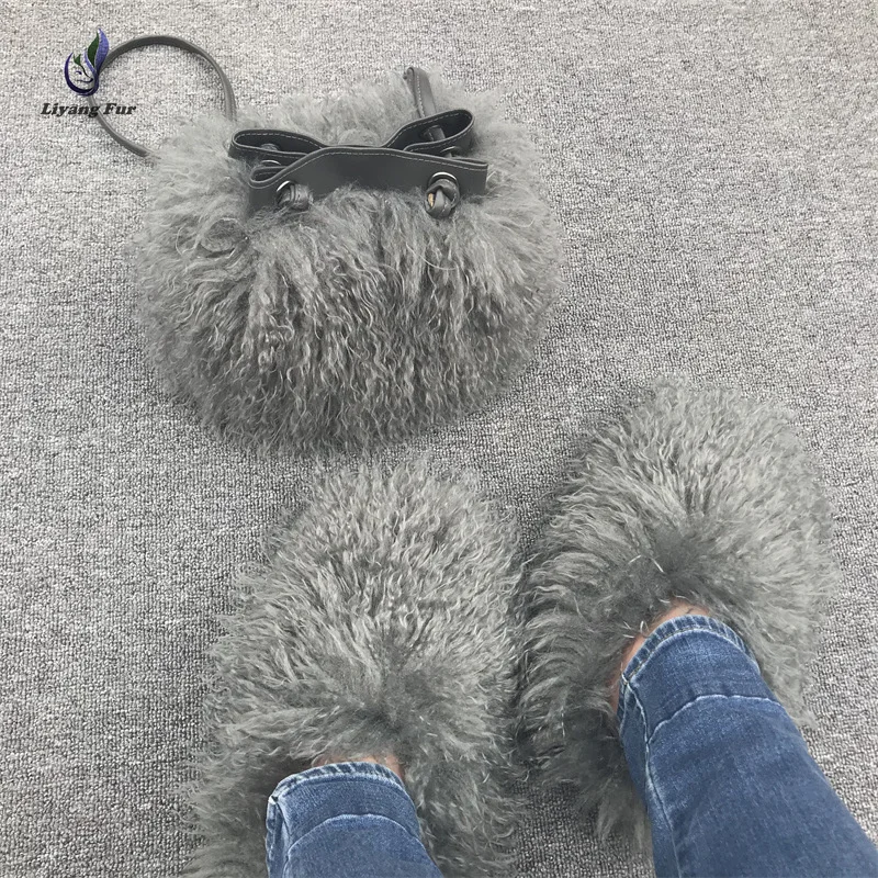 

High quality winter fashionable artificial fake tibet wool fur long rolled wool faux ongolian wool fur slipper fur bag set