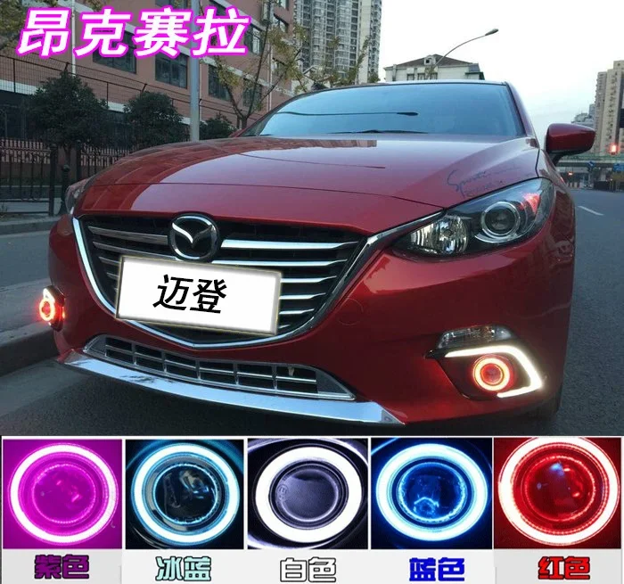 COB angel eyes + LED drl daytime running light + H3 halogen fog lamp + fog lamp projector lens for mazda 3 axela