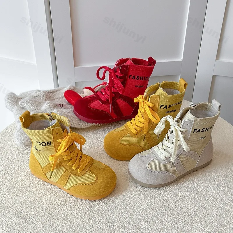 

2025 Autumn New Children's Fashion Trend Casual Shoes Boys' Comfortable Non Slip Tall Canvas Boots Girls' Mesh Breathable Flats