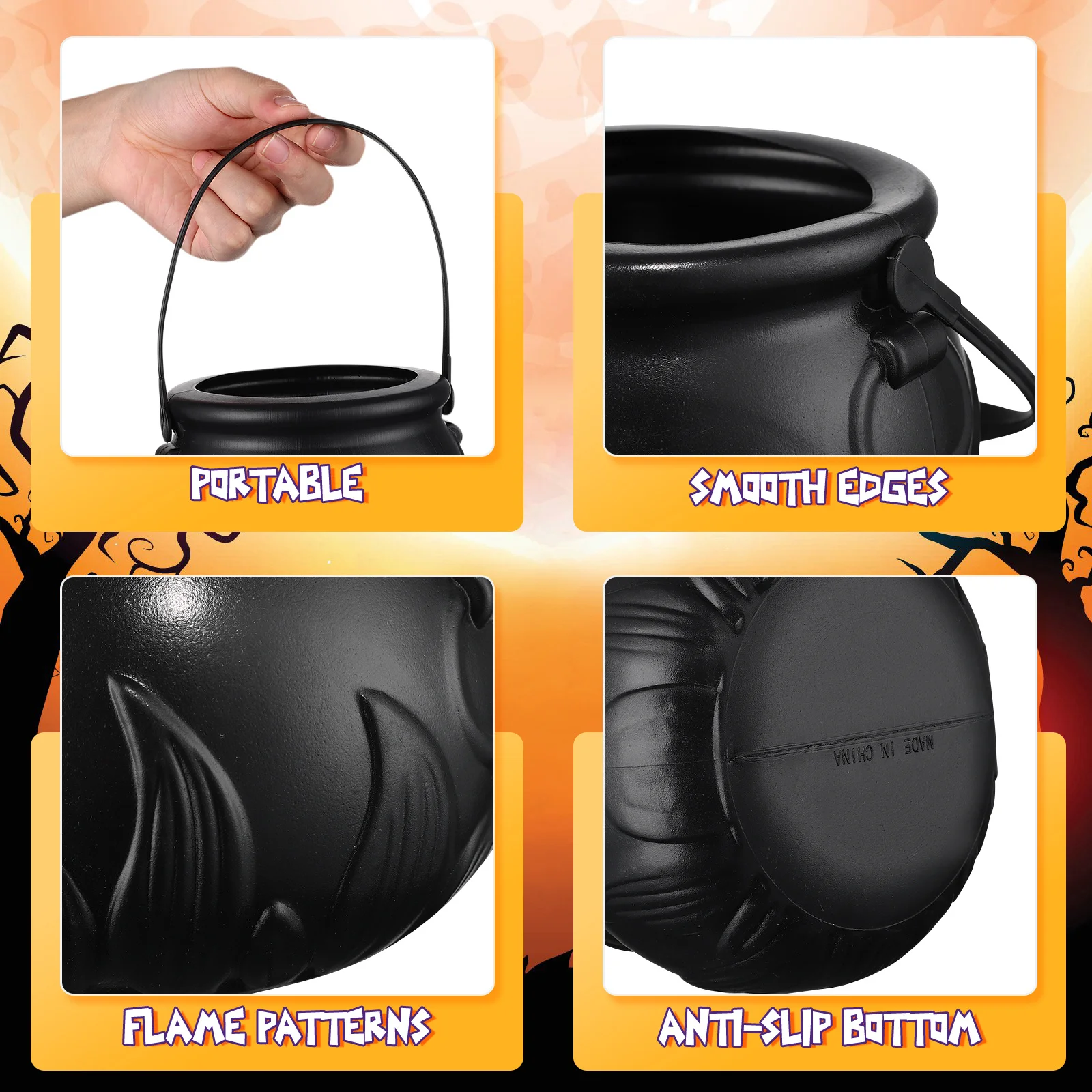 

2pcs Flame Candy Bucket Halloween Witch Cauldron Handheld Party Decor Plastic Pot Gift Storage