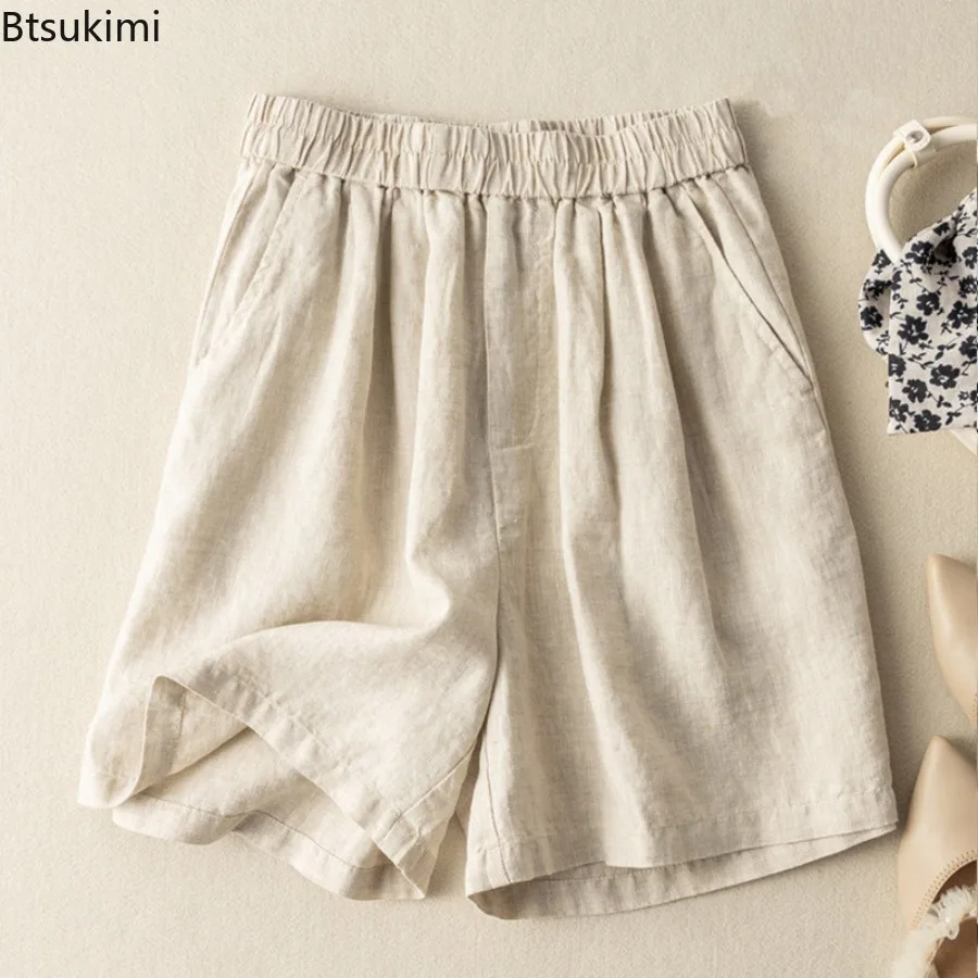 

New 2026 Women's Cotton Linen Casual Shorts Summer Vintage Loose Wide Leg Shorts Elastic Waisted Solid Breathable Sports Shorts