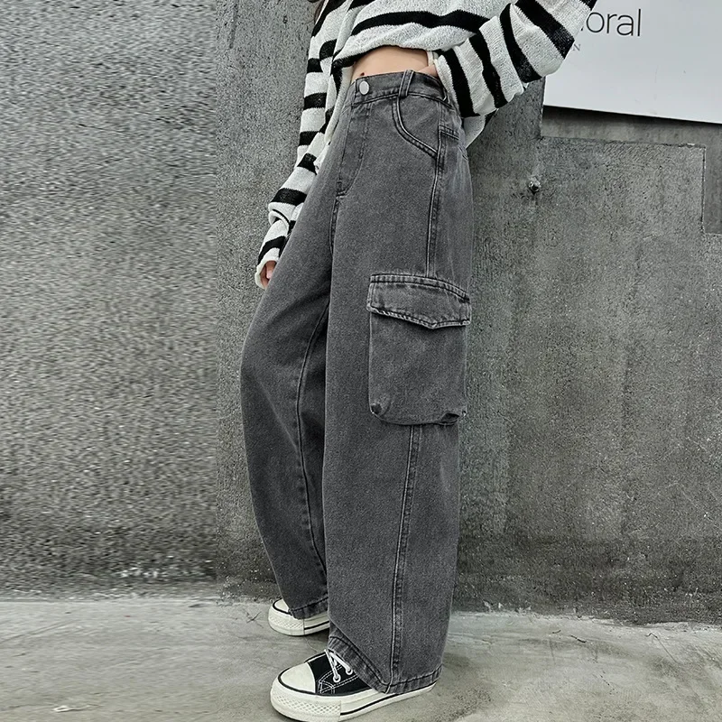 

New 2025 Girls Vintage Big Pocket Jeans Long Trousers Kids Loose Wide Leg Denim Cargo Pants Teen Spring Autumn Casual Clothing