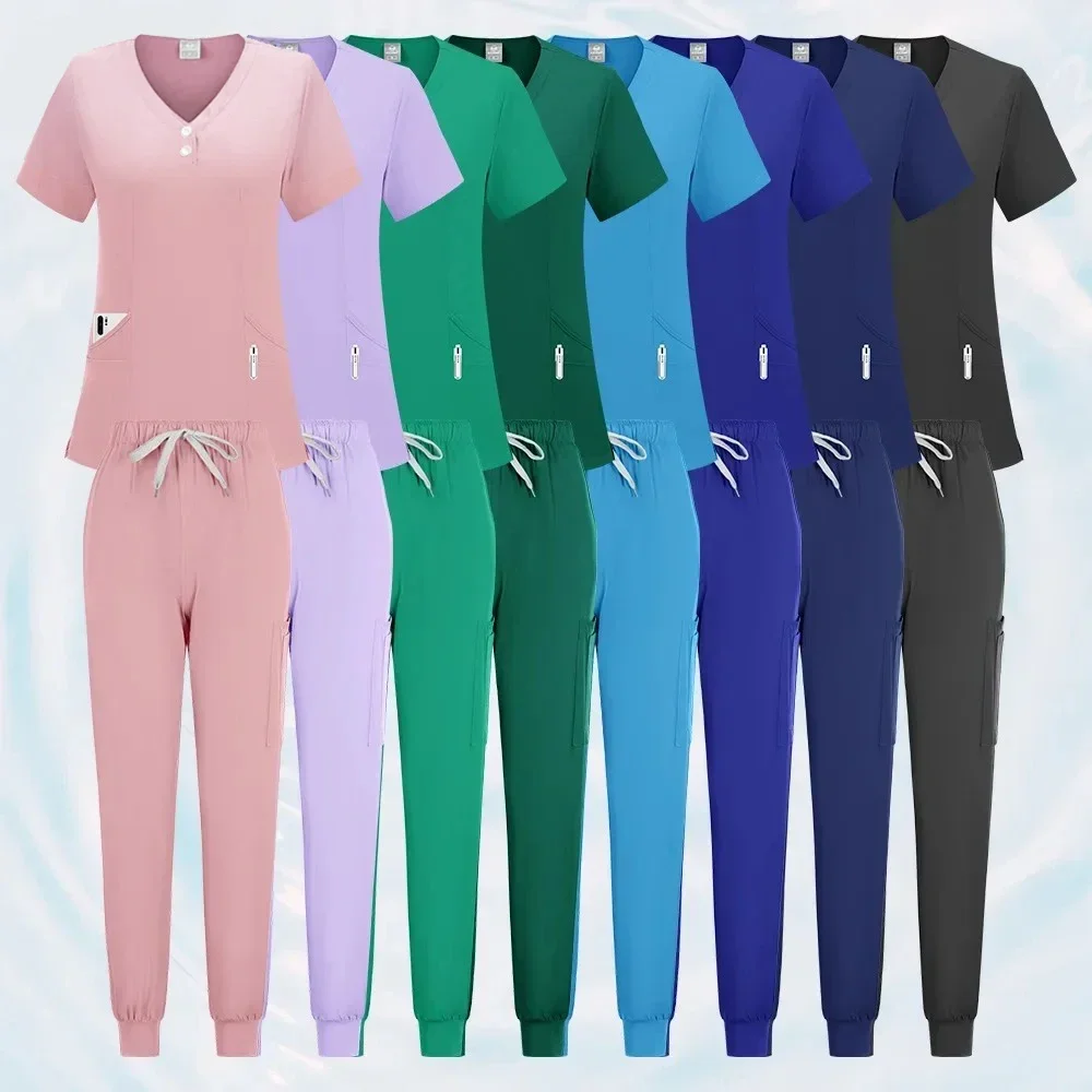 Short Sleeve Surgery Workwear Multicolor Scrubs Uniform Pockets Tops+Straight Pants Nursing Uniform Women Medical Nurse Work Set