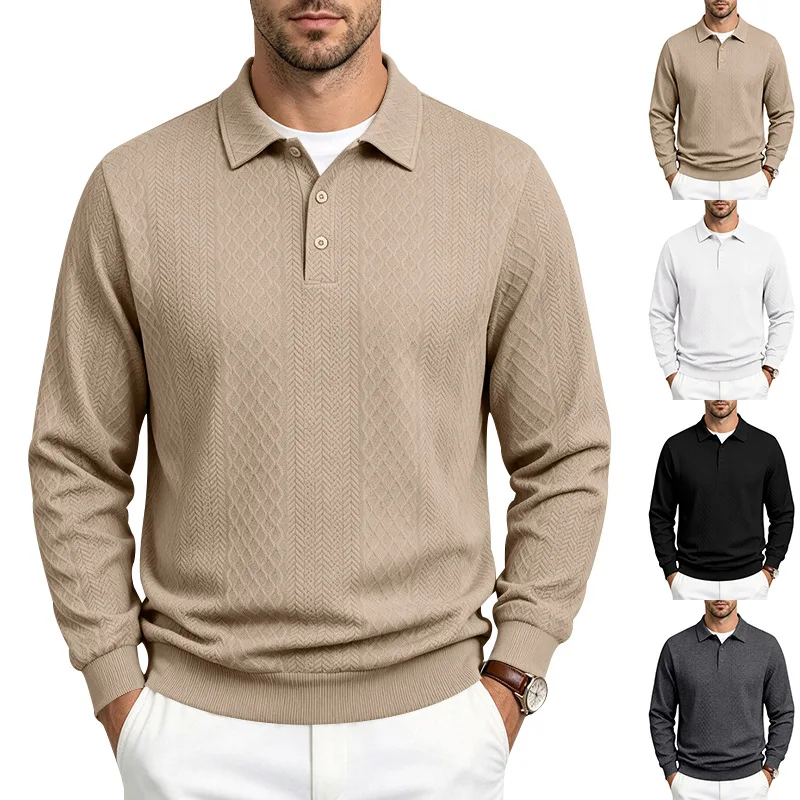 Men Diamond Jacquard Long Sleeve Polo Shirt, Lapel Collar Button Placket Textured Knit Business Casual Pullover Top