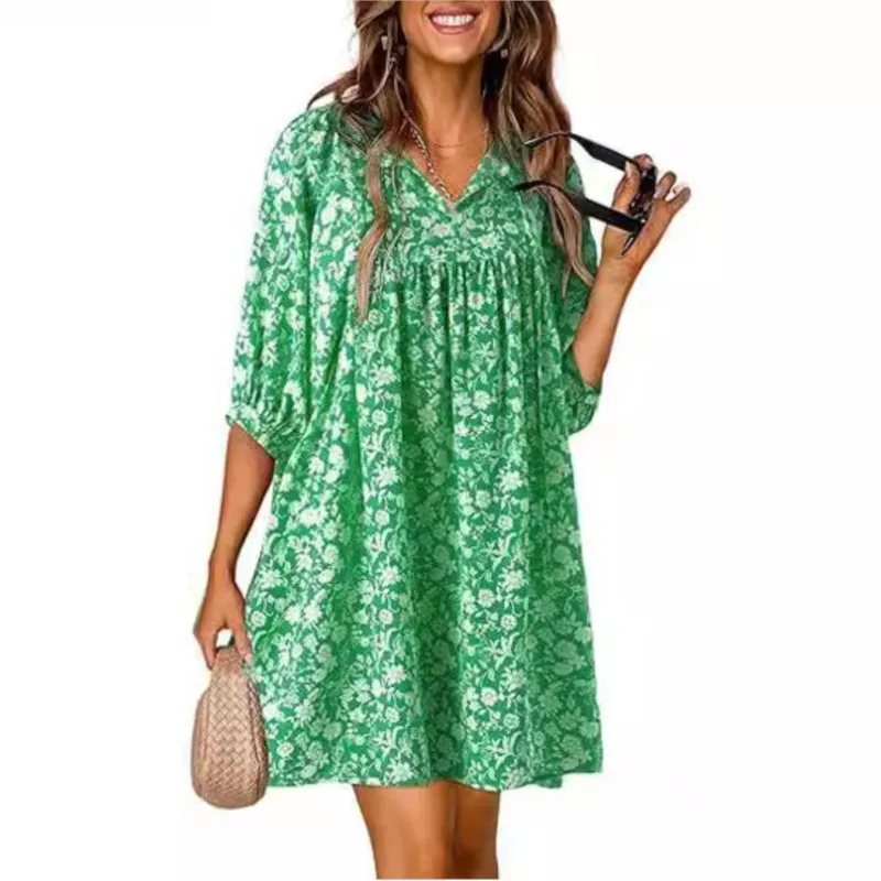 Women's Elegant Summer New Casual Bohemian Flower V-neck Printed Full Marks Lantern Sleeve Beach Dresses 2025 vestidos de festa