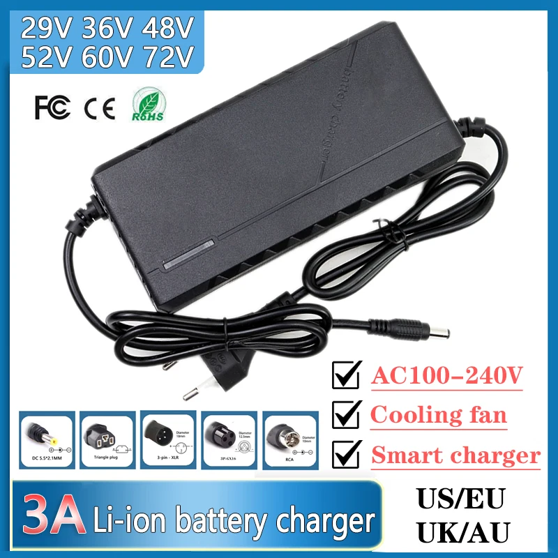 29V 36V 48V 52V 60V 72V 3A Lithium Battery Charger For 7S 10S 13S 14S 16S 20S 29.4V 42V 54.6V 58.8V 67.2V 84V Smart Charging fan