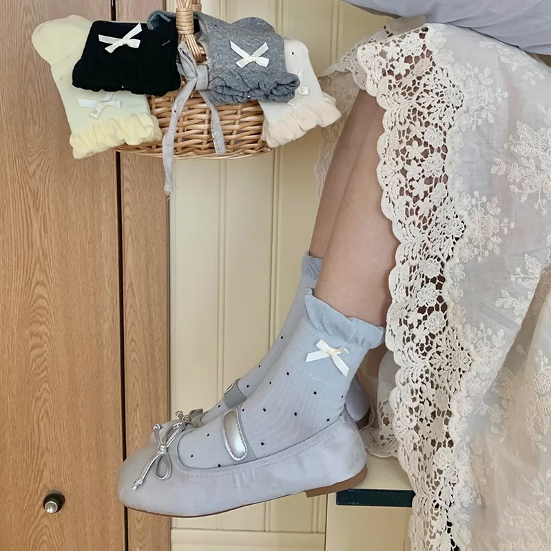 Butterfly Knot Flower Bud Edge No-Show Socks Women Spring Summer New Polka Dot Korean Style Low Cut Mid-Calf Socks