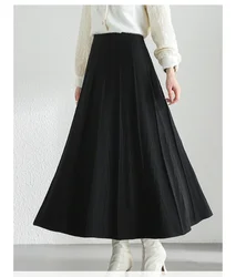 SENTUBILA Jacquard Knitted Black Skirts Women 2024 Winter Texture High-waist A-line Lightweight Folds Long Skirt W44Q56670