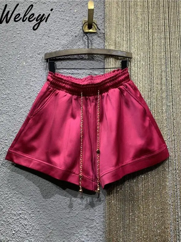 Summer Women's Elastic High-waisted Satin Short Pants Casual 2024 New Streetwear Large Size Loose A-shaped Wide-leg Shorts Woman