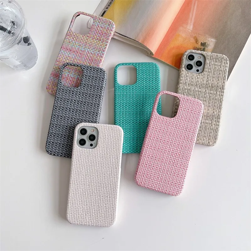 Luxury Fashion Linen Weave Half Surrounded Hard Case For Iphone 14 13 12 11 Pro Max Xr X Xs 7 8 Plus Se 2020 Female Cover Capa