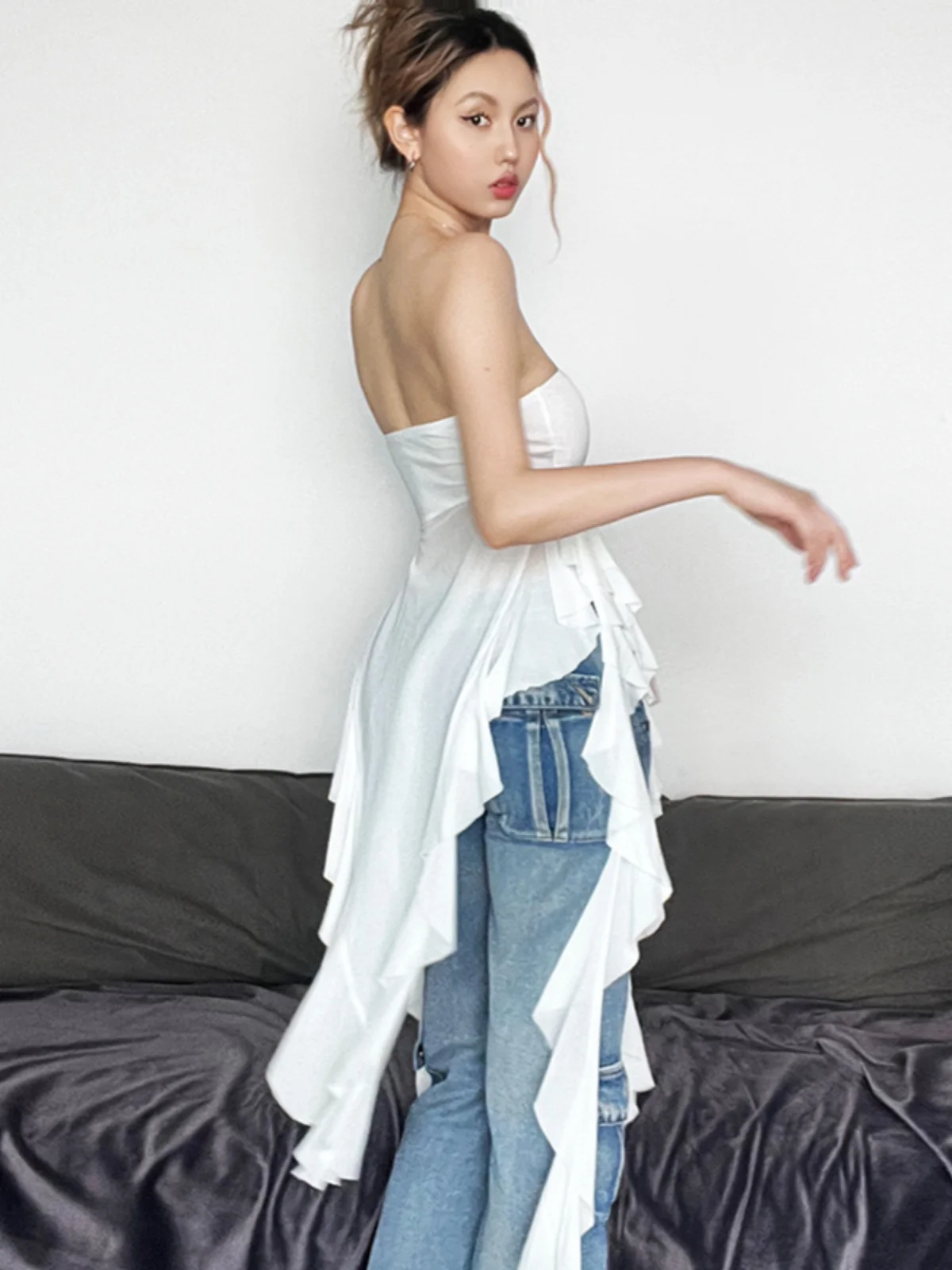 이상한 스타일의 롱 슬리밍 오프숄더 베스트 여성 스트리트 스타일 디자인 비대칭 우드 프린트 폴리에스터 혼방 탑