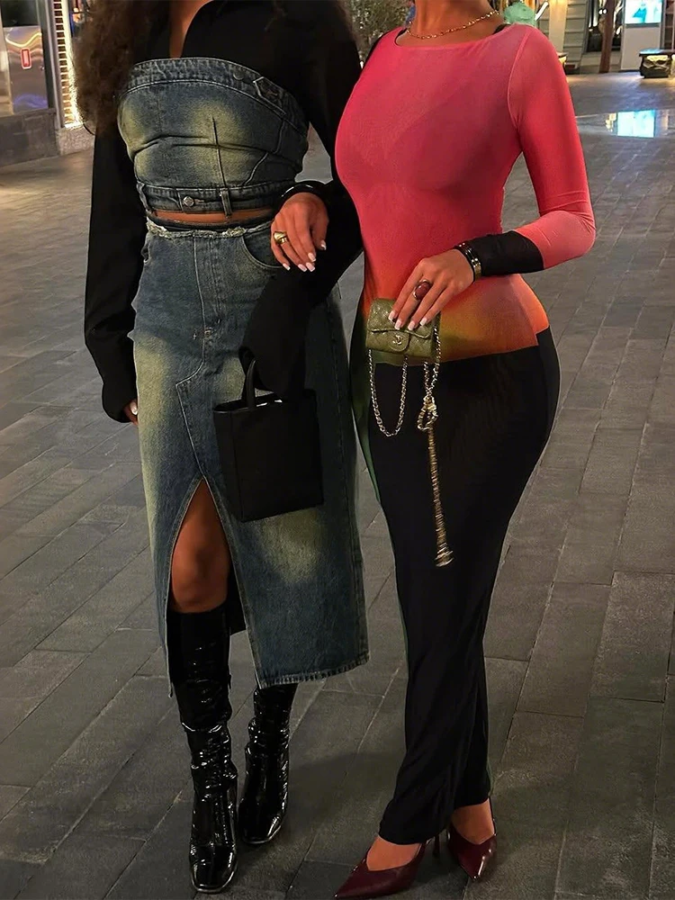 Sisterlinda Farbverlauf Kleid Frauen Sexy Patchwork oansatz Volle Hülse Pfirsich Hüfte Elegante Einfache Abend Prom Party Bodycon